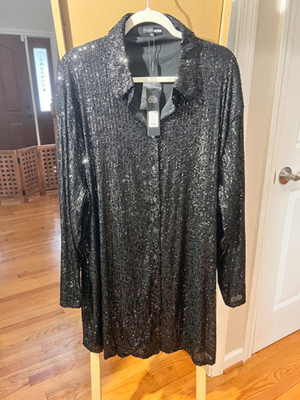 Fashion Nova | Black Sequined Button-Down Shirt Dress/Tunic | NWT